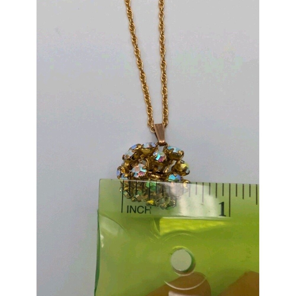 Vintage Gold Tone Link AB Aurora Borealis Crystal Bead Ball Pendant Necklace - Picture 10 of 10